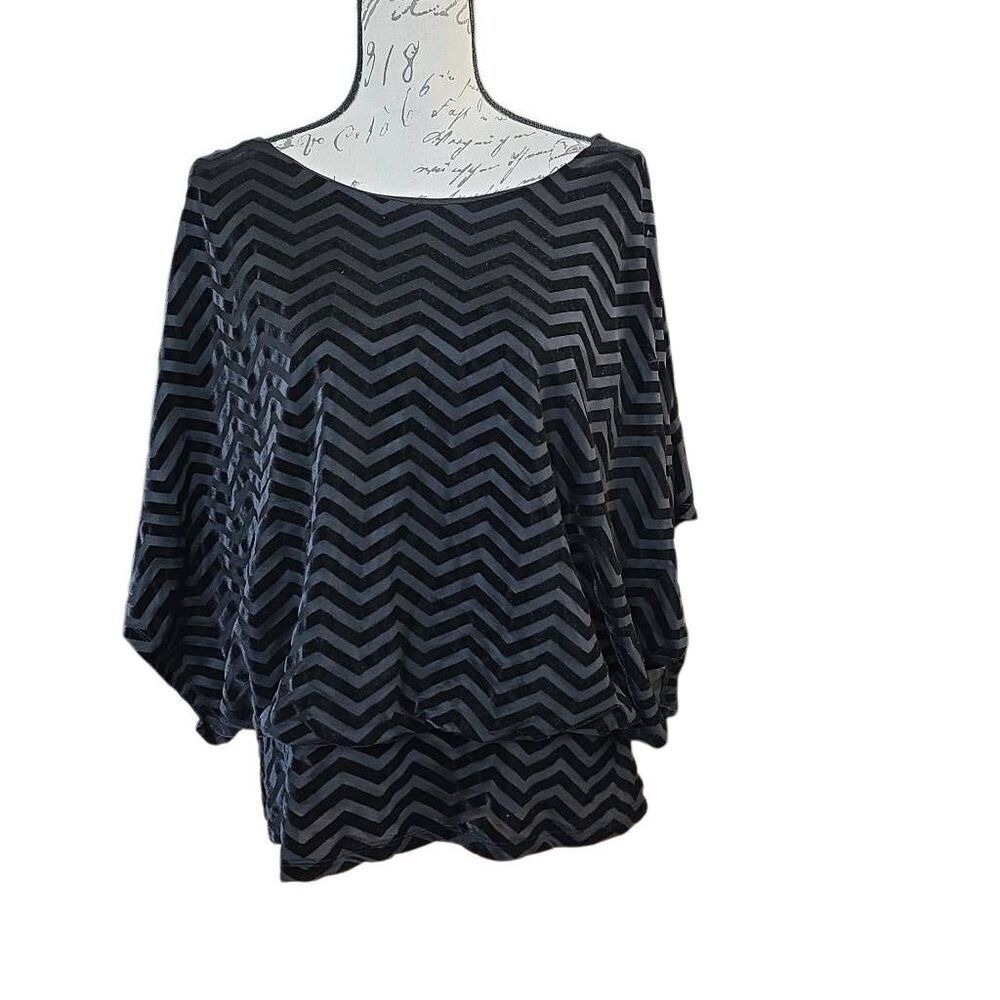 Style & Co Women's Size XL Black Velvet Zigzag Blouson Dolman Sleeve Blouse